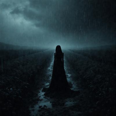 The primary subject of the image is a woman standing on a path in a field. The setting is a dark, rainy night with a cloudy sky. The visual style is a black and white photo, giving the image a classic and dramatic feel. The colors and mood are predominantly dark and moody, with the woman's long black dress adding to the overall atmosphere.